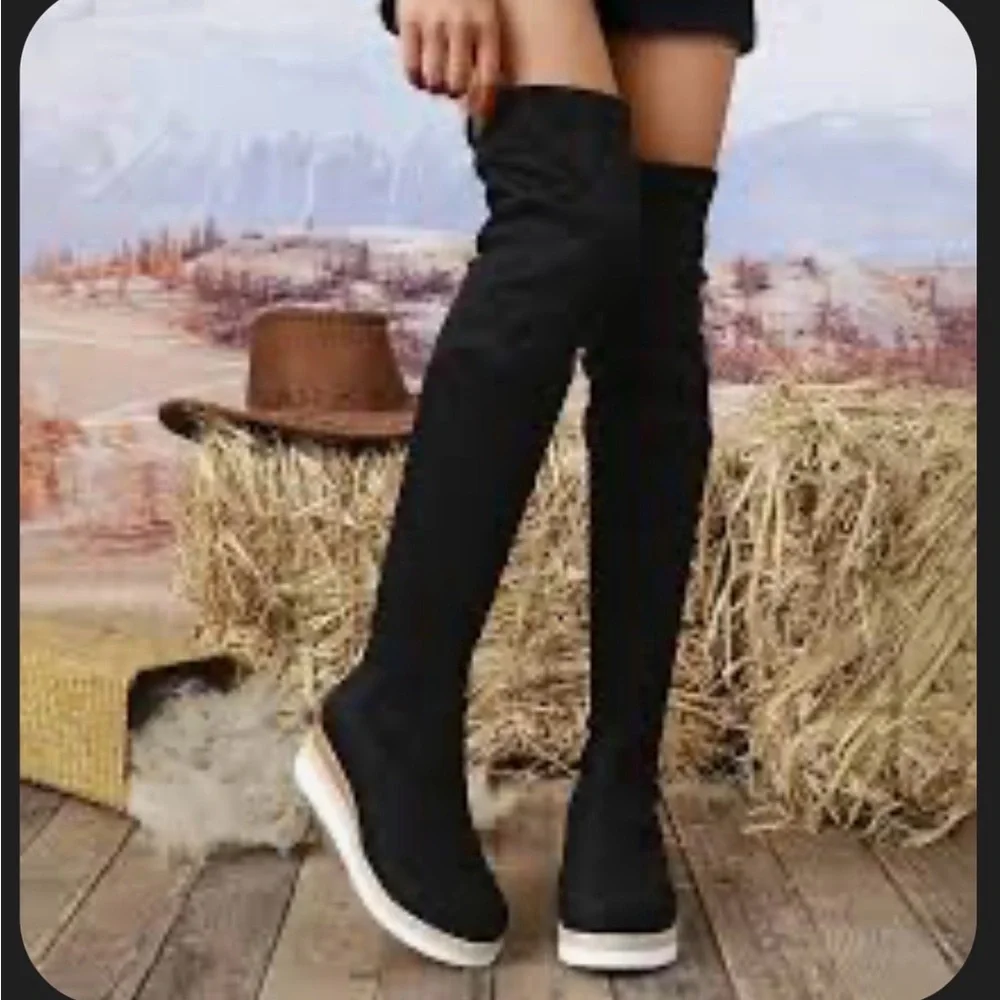 Black Over-the-Knee Wedge Boots with Tan Lug Sole Tie for An Adjustable Top NB